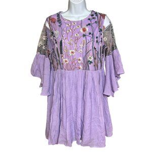 Lemon Tree Heavy Embroidered Crinkled Purple Bell Sleeve Dress Size S